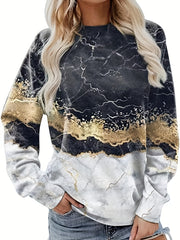 Marble Print Crew Neck Sweatshirt Long Sleeve Casual Top