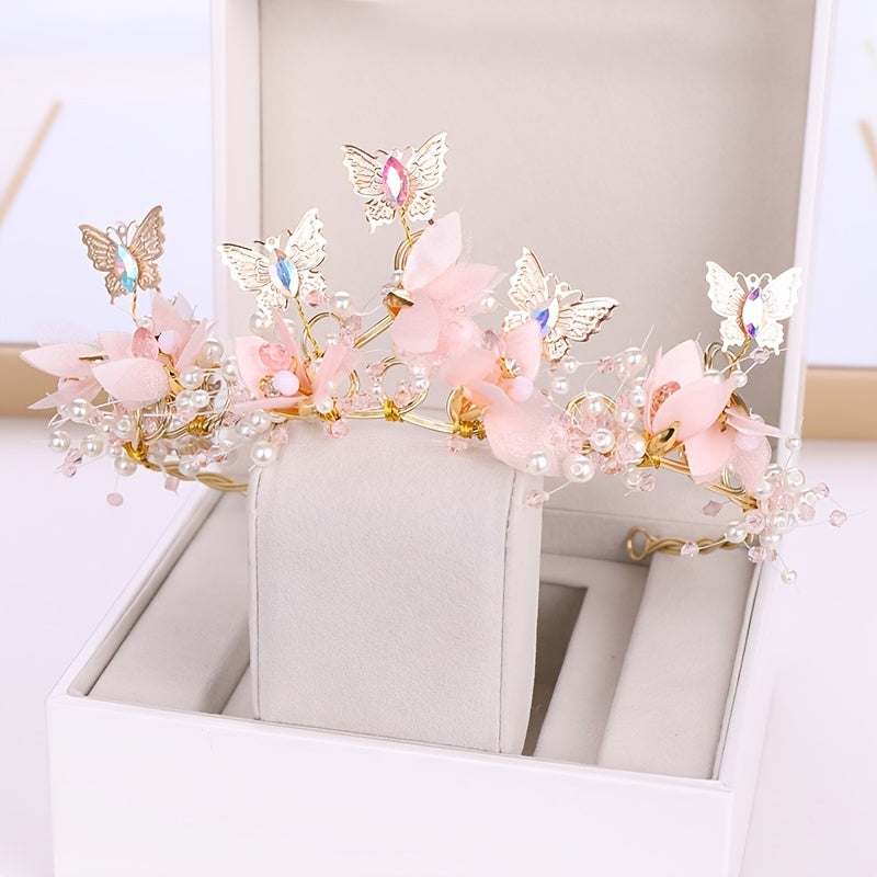 Golden Crystal Faux Pearl Butterfly Crown Tiara Headband for Bride