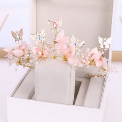 Golden Crystal Faux Pearl Butterfly Crown Tiara Headband for Bride