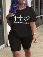 Faith & Love Print 2 Pc Set Short Sleeve T Shirt & Shorts for Women