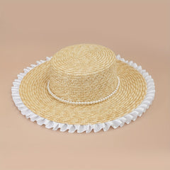 Flat Top Lace Fedora French Style Faux Pearl Decor Sun Hat