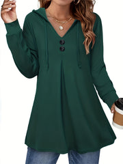 Button Front Drawstring Hoodie Sweatshirt Women's Clothing