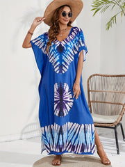 Boho Tie Dye Batwing Sleeve V Neck Maxi Cover Up Dress