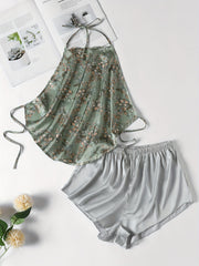 Floral Print Pajama Set Halter Lace Up Top & Shorts