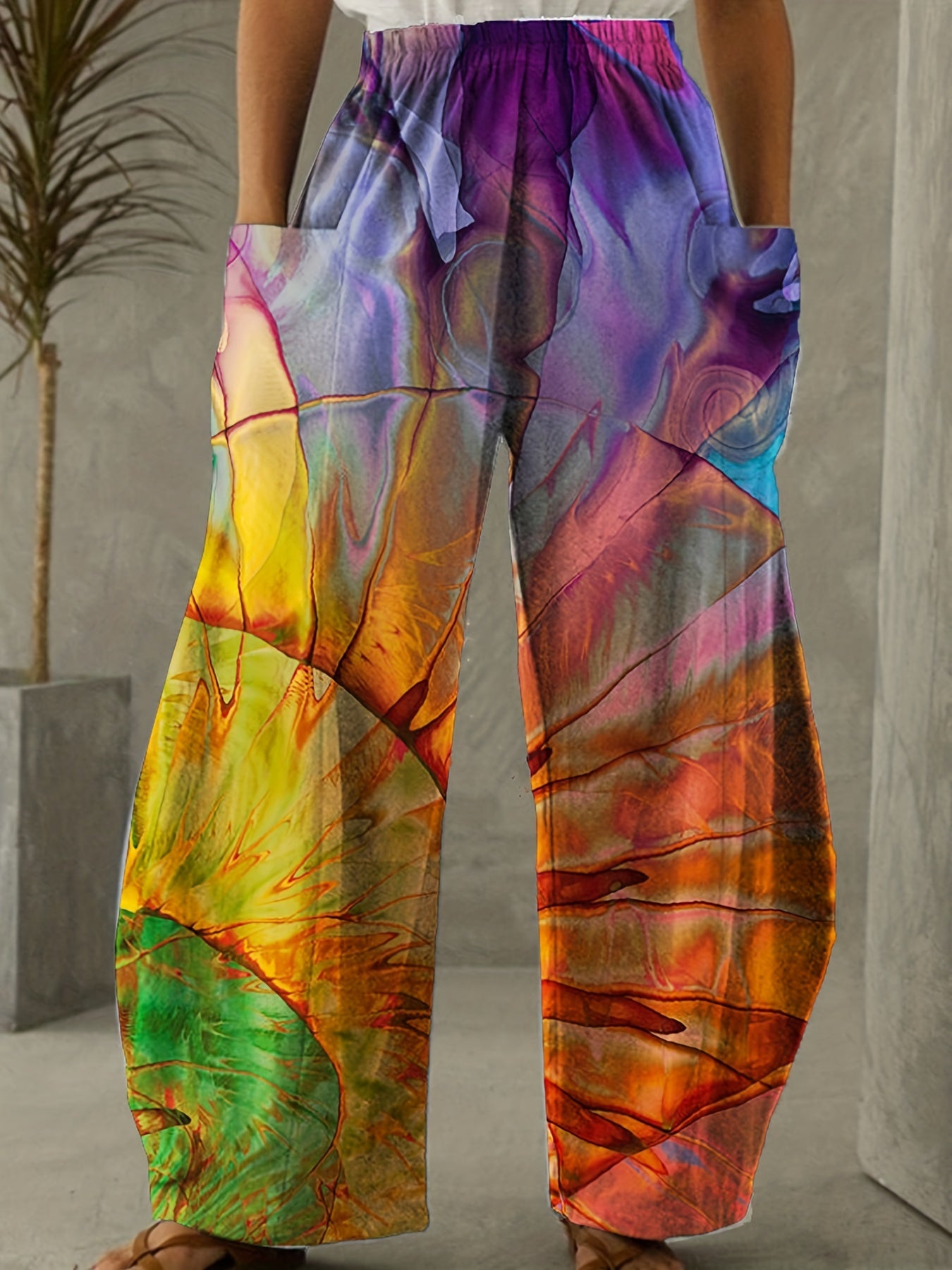 Boho Tie Dye Wide Leg Pants Vintage Elastic Waist