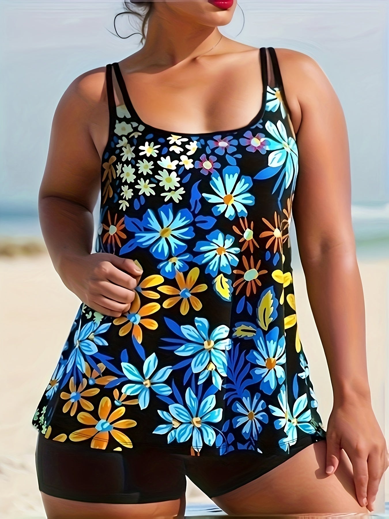 Floral Print Tankini Set Women's Round Neck Cami Top & Shorts Swimsuit