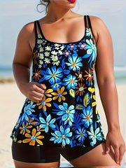 Floral Print Tankini Set Women's Round Neck Cami Top & Shorts Swimsuit