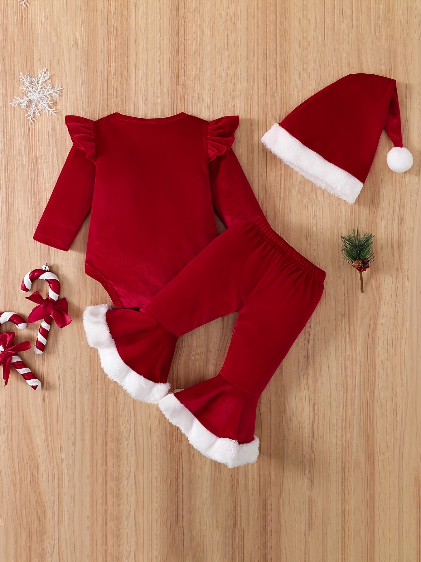 Baby Girls Christmas Bodysuit & Flared Pants & Hat Set