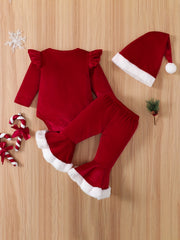 Baby Girls Christmas Bodysuit & Flared Pants & Hat Set