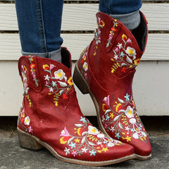 Retro Floral Embroidered Western Boots Pointed Toe Slip On Cowgirl Short Boots
