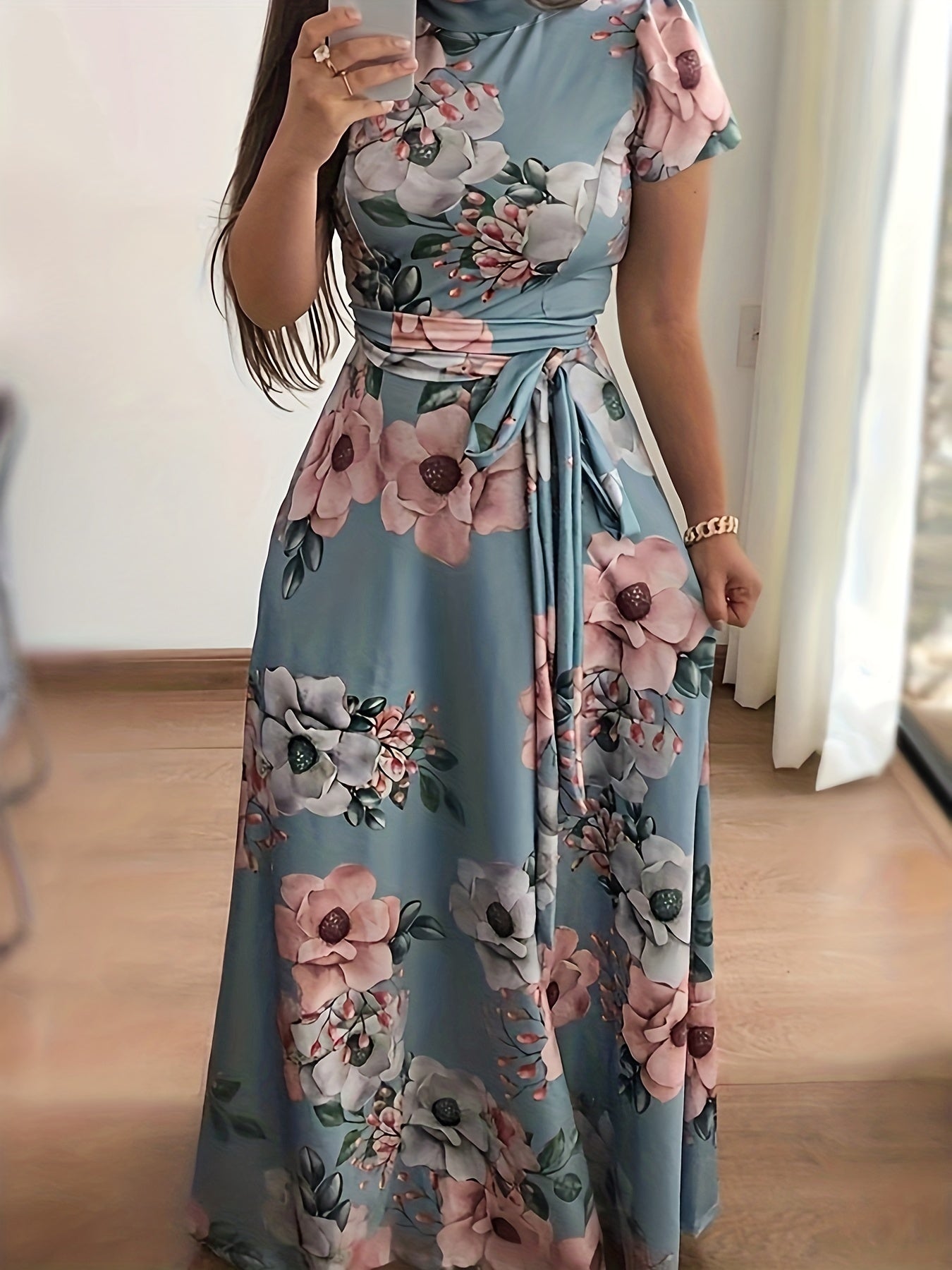 Vintage Floral Maxi Dress High Waist Short Sleeve