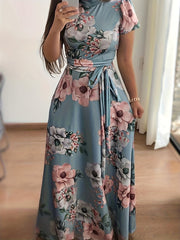 Vintage Floral Maxi Dress High Waist Short Sleeve