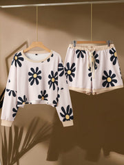 Women's Plus Floral Print Drop Shoulder Long Sleeve Round Neck Top & Shorts Set
