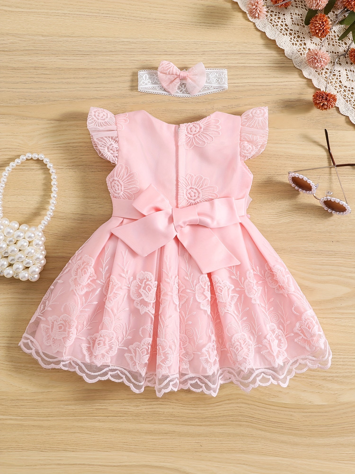 2pcs Baby Girls Embroidered Flowers Ruffled Sleeves Mesh Dress Princess Dresses