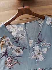 Floral Print Short Sleeve V Neck Loose Dress