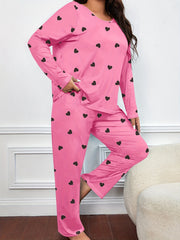 Heart Print Long Sleeve Tee & Pants Lounge 2 Piece Set