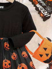 2pcs Pumpkin Head Halloween Dress & Candy Bag Set
