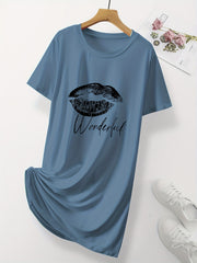 Lips & Letter Print Nightdress Middle Sleeve