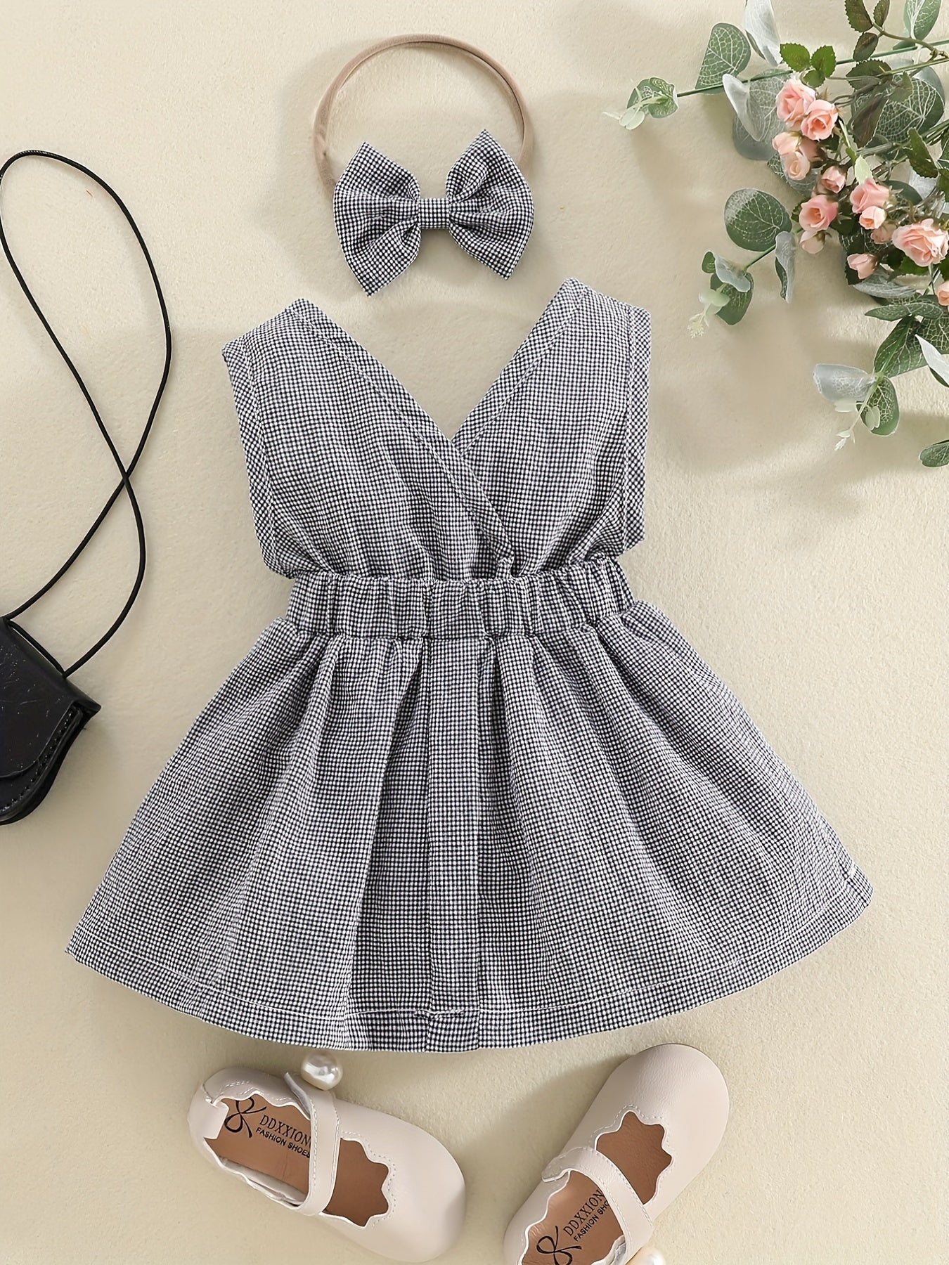 Girls Plaid Tunic Dress - Stylish V Neck Puffy Design