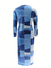 Denim Print Long Sleeve Round Neck Maxi Slim Fit Dress