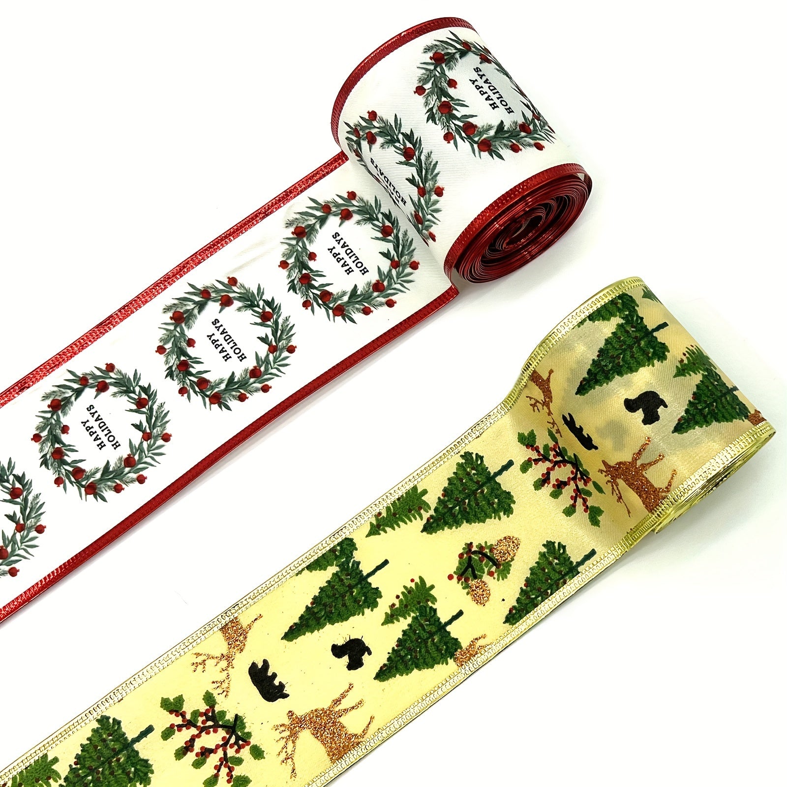 4 57 Meter Christmas Tree Elk And Happy Holidays Wired Ribbon