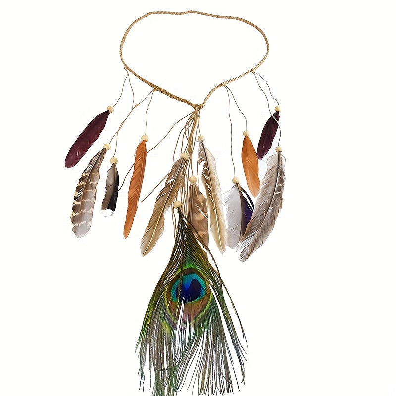 Boho Retro Faux Feather Hair Rope Peacock Feather Headband