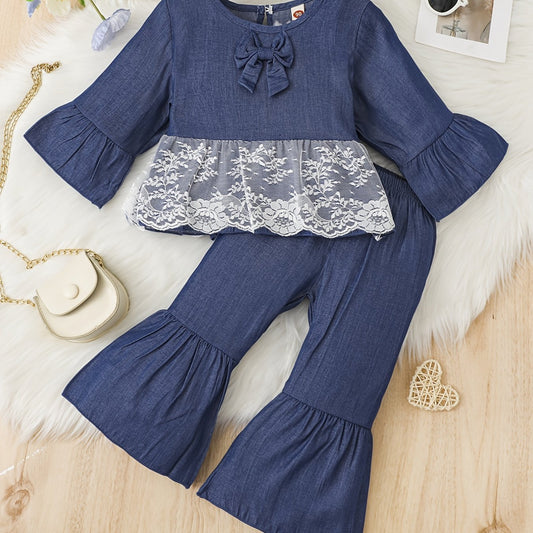 Girls Denim Lace Top & Flared Pants Set