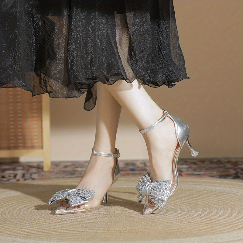 Rhinestone Bowknot Heels Point Toe Dress Pumps Buckle Strap Stiletto Heels