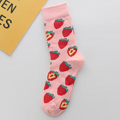 Sweet Pink Serie Socks Strawberry Pattern Crew Socks Women's Stockings