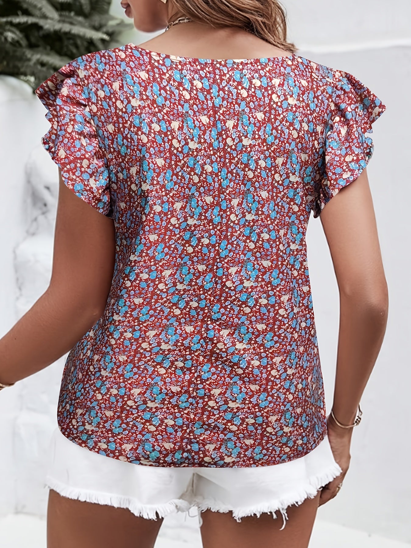 Ditsy Floral Print Ruffle Sleeve Blouse