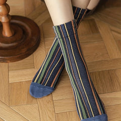 5 Pairs Colorblock Striped Socks Retro College Style Mid Tube Socks