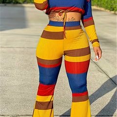 Colorblock Ribbed Crop Top & Flared Leg Pants Set