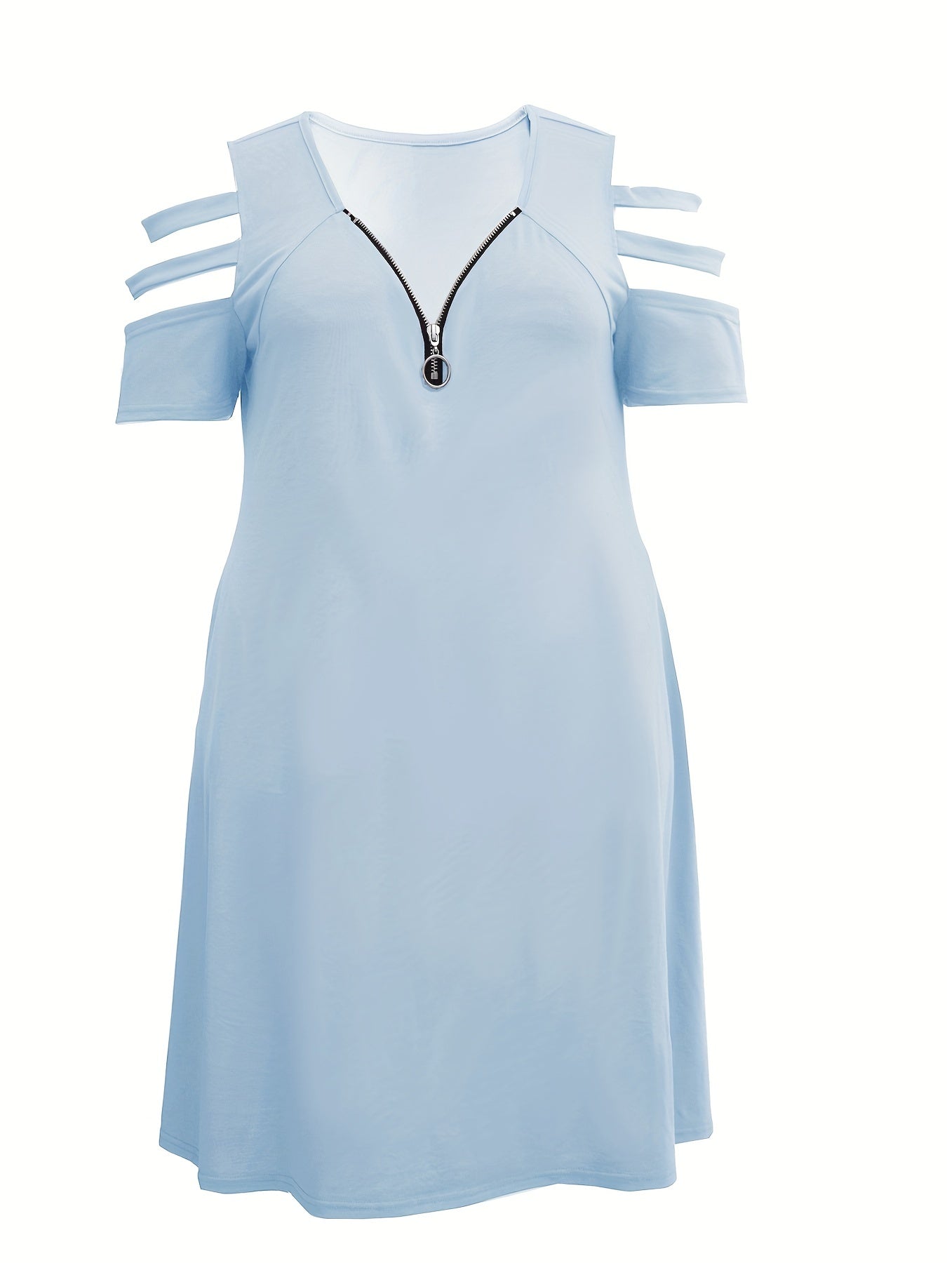 Solid Zipper Cut Out V Neck Dress With Pockets