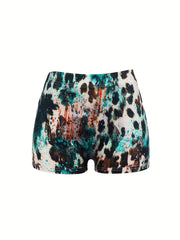 Graphic & Letter Print Skinny Shorts Sexy Elastic Waist Shorts