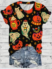 Halloween Blouse Women's Plus Pumpkin & Ghost Print Short Sleeve Top