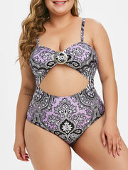 Floral Print Ring Belt One Piece Swimsuit Plus Size