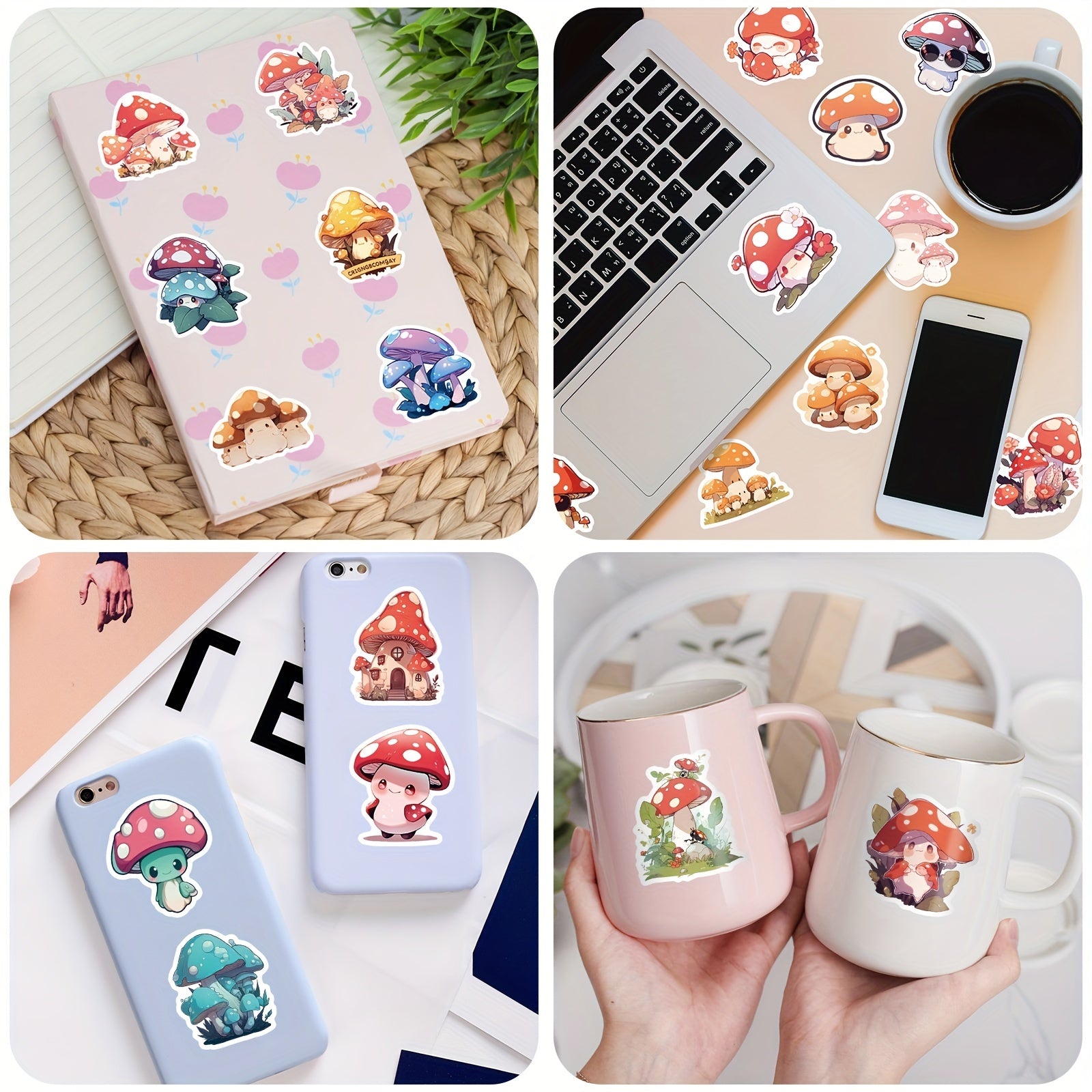 50pcs Cartoon Mushroom Stickers for Water Cups Laptops Phones