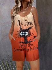 Ombre & Cat Print V Neck Cami Romper