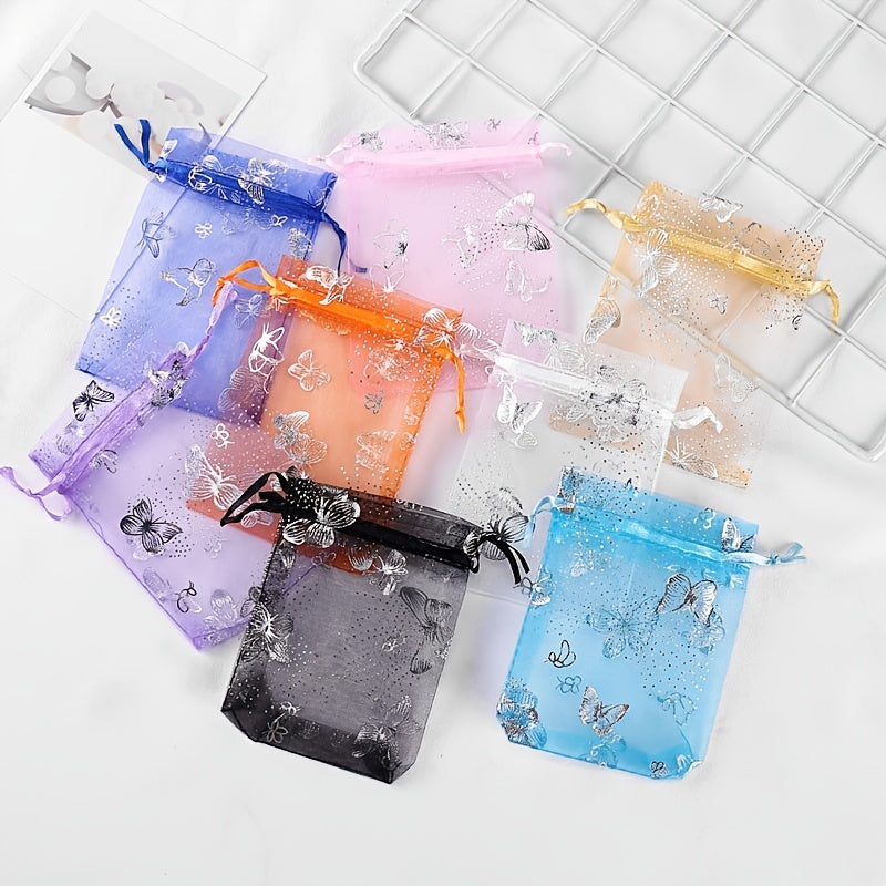 Organza Bags Silver Stamped Butterfly Wedding Favor Drawstring Jewelry Gift Bags