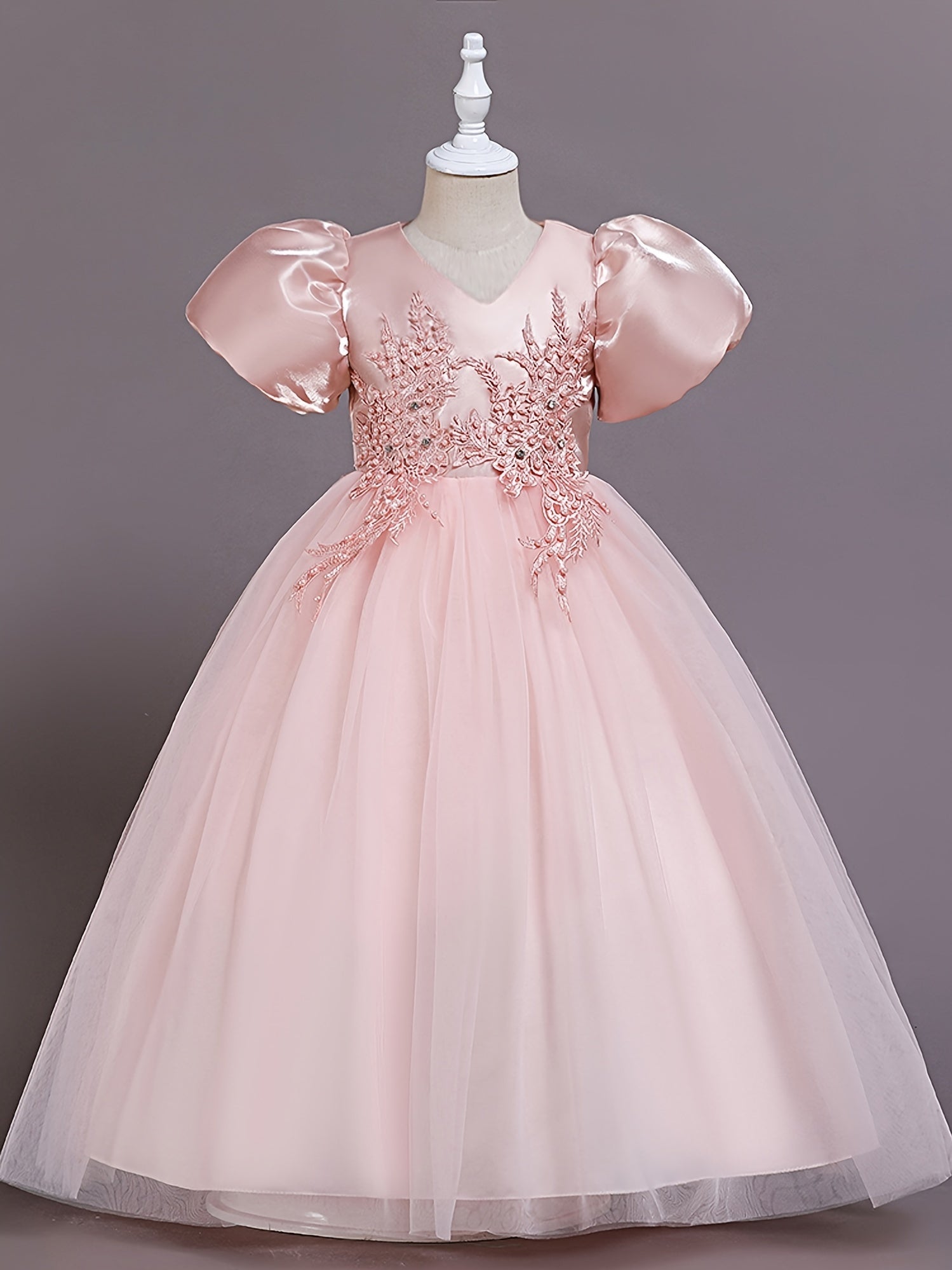 Girls Puff Sleeve Tulle Princess Dress Flower Embroidery Chinese Christmas Party