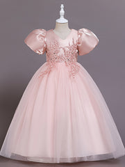 Girls Puff Sleeve Tulle Princess Dress Flower Embroidery Chinese Christmas Party