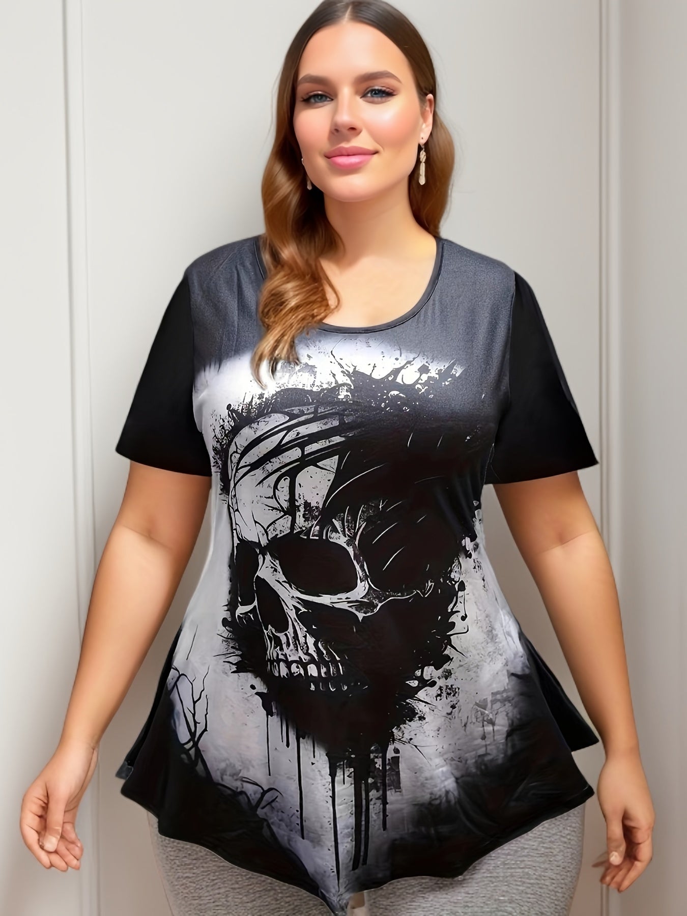 Gothic Halloween Outfit: Skull Print Top & Tie Dye Leggings Set