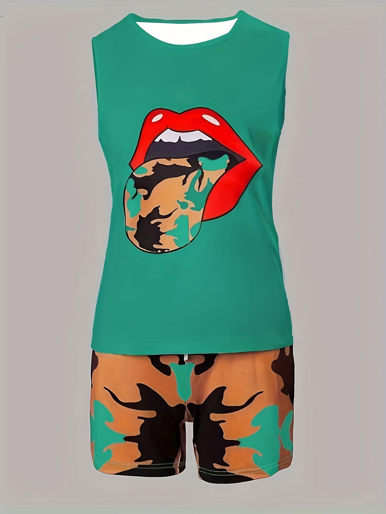 Lips Print Tank Top & Abstract Print Slim Shorts Set