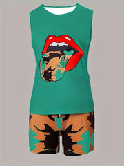Lips Print Tank Top & Abstract Print Slim Shorts Set
