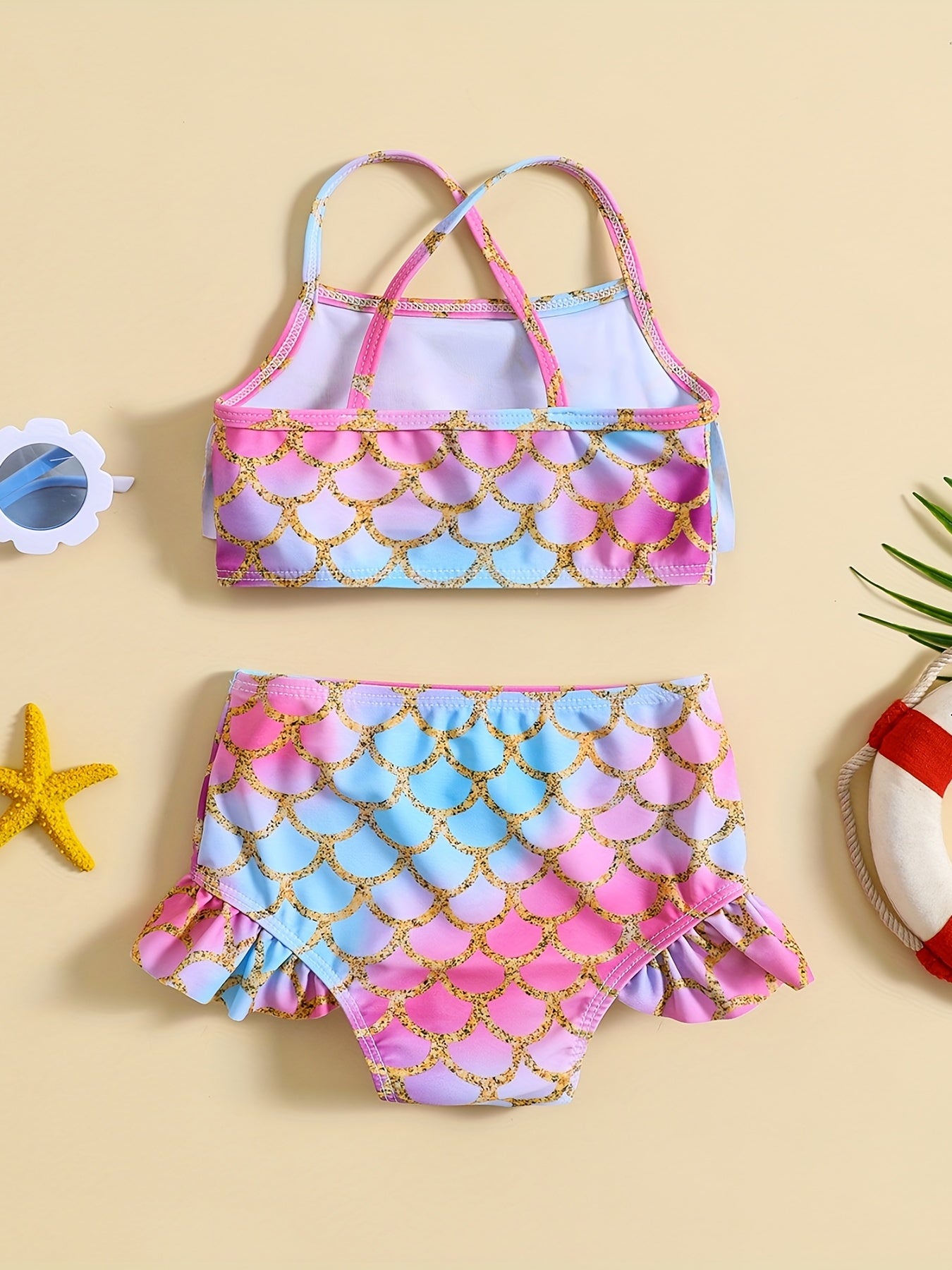 Kids' Summer Swimsuit Set Gradient Fish Scale Cami Top & Shorts Bikini Tankini