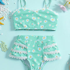 Girls Daisy Cami Top & Lace Trim Shorts Bikini Set