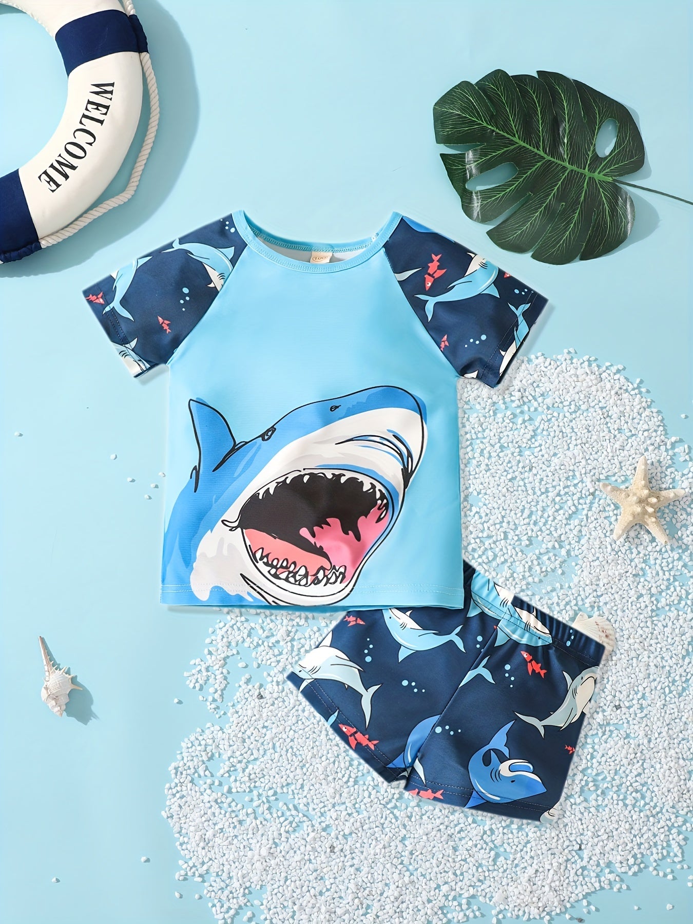 Boys Shark Print Swimsuit Set Short Sleeve Shirt & Swim Trunks