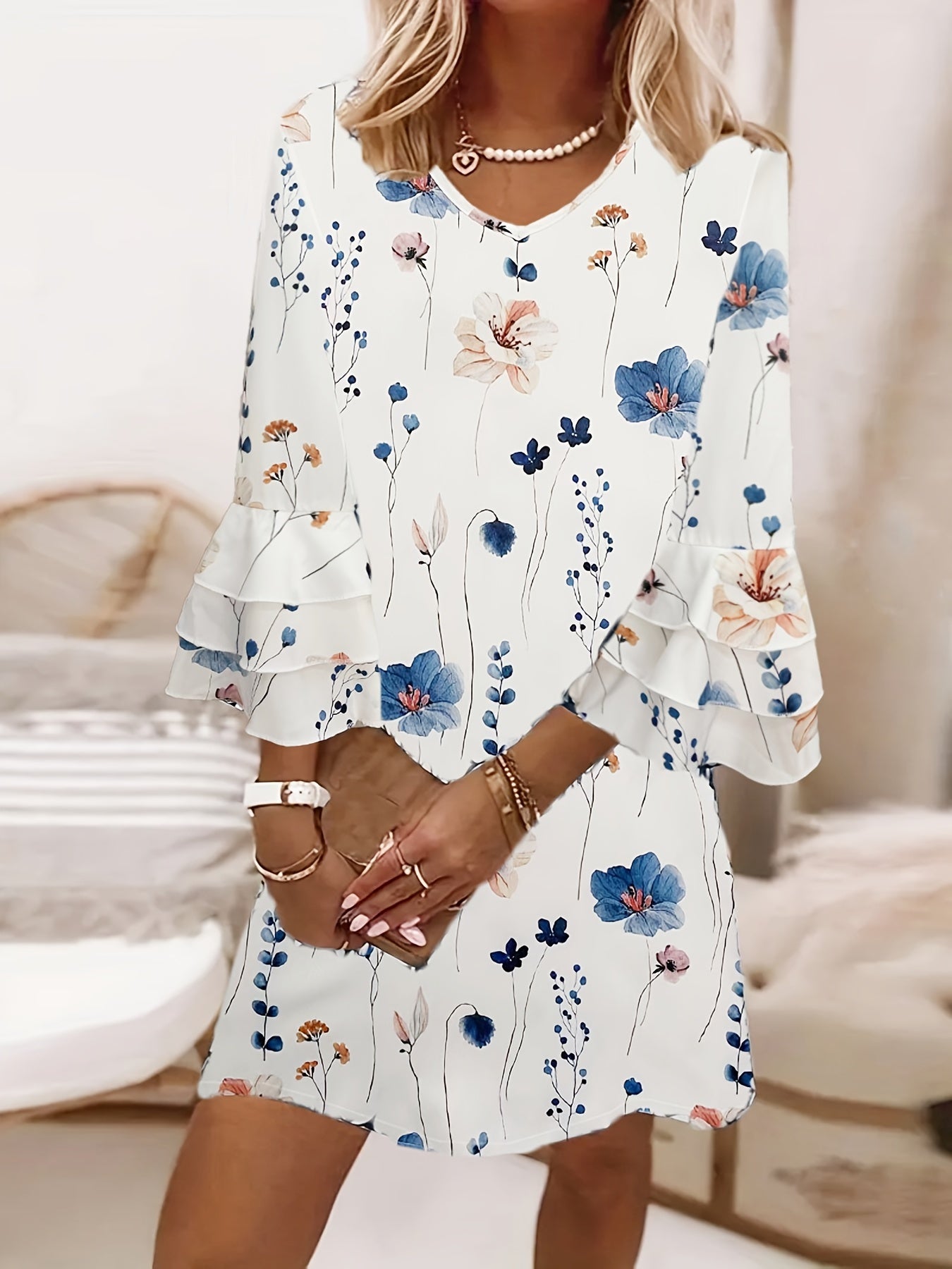 Floral Print Layered Dress Casual V Neck Flared Sleeve Dress