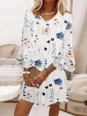 Floral Print Layered Dress Casual V Neck Flared Sleeve Dress
