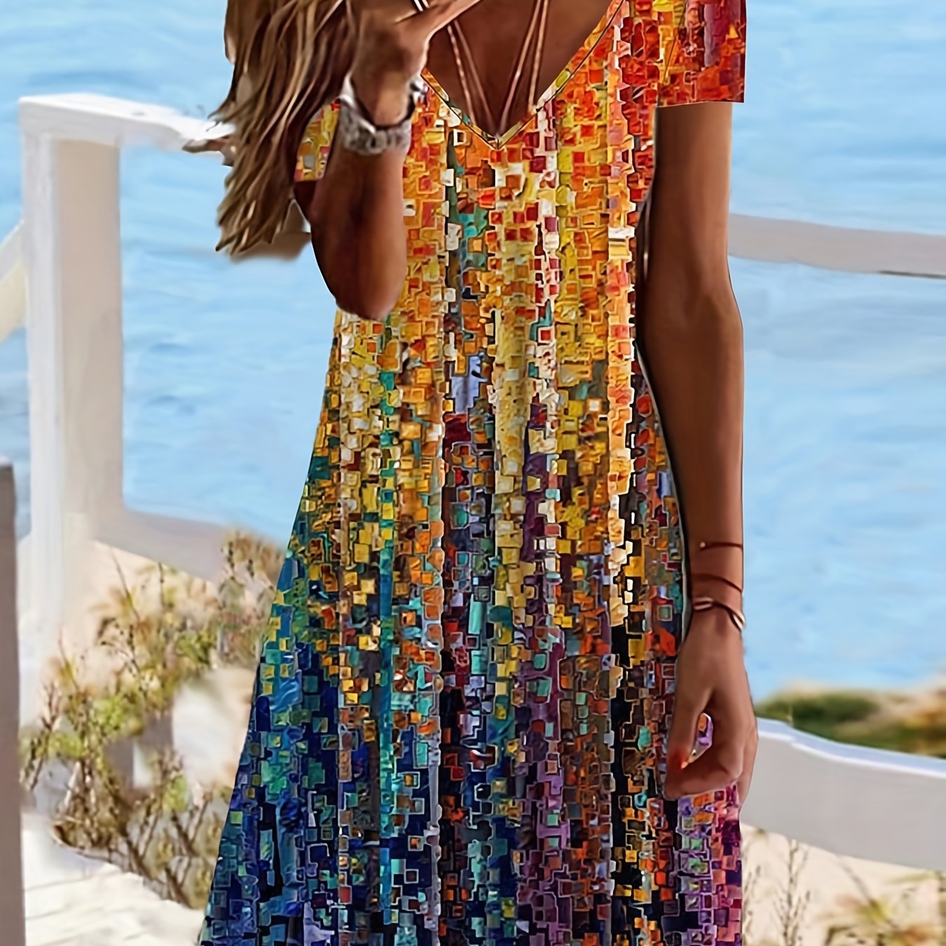 Boho V Neck Short Sleeve Dress Women's Clothing